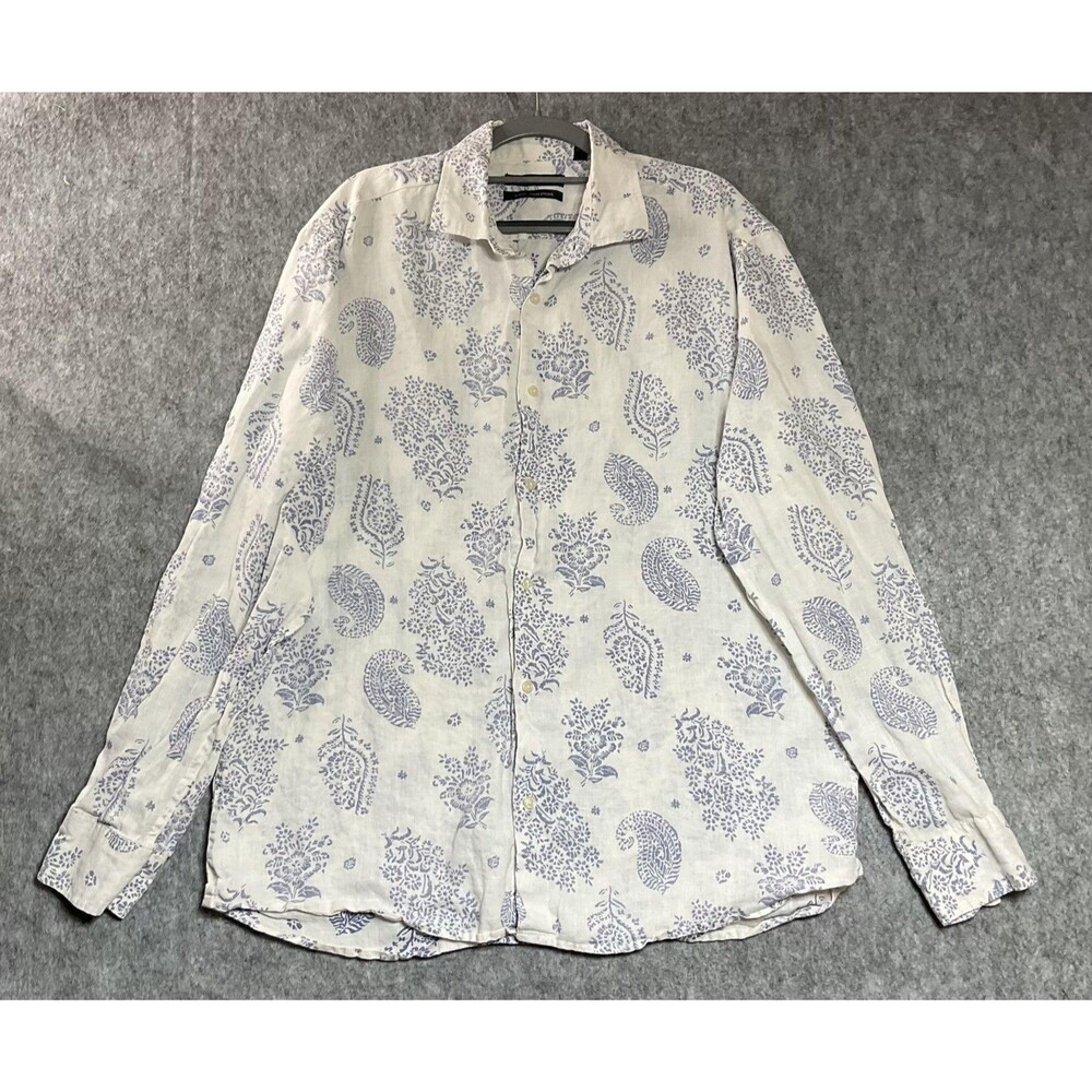 Saks Fifth Avenue Shirt Mens XL White Blue Linen Slim Fit Floral Paisley Casual*